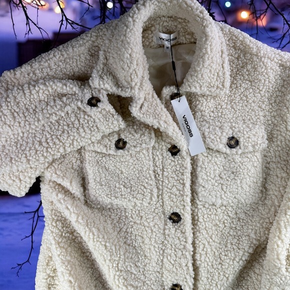 New Vigoss Sherpa Jacket Women M Ivory Flap Pockets Resort Lodge Coat - Picture 1 of 13